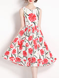White Flower Print Sleeveless High Waist Swing Vintage Dress