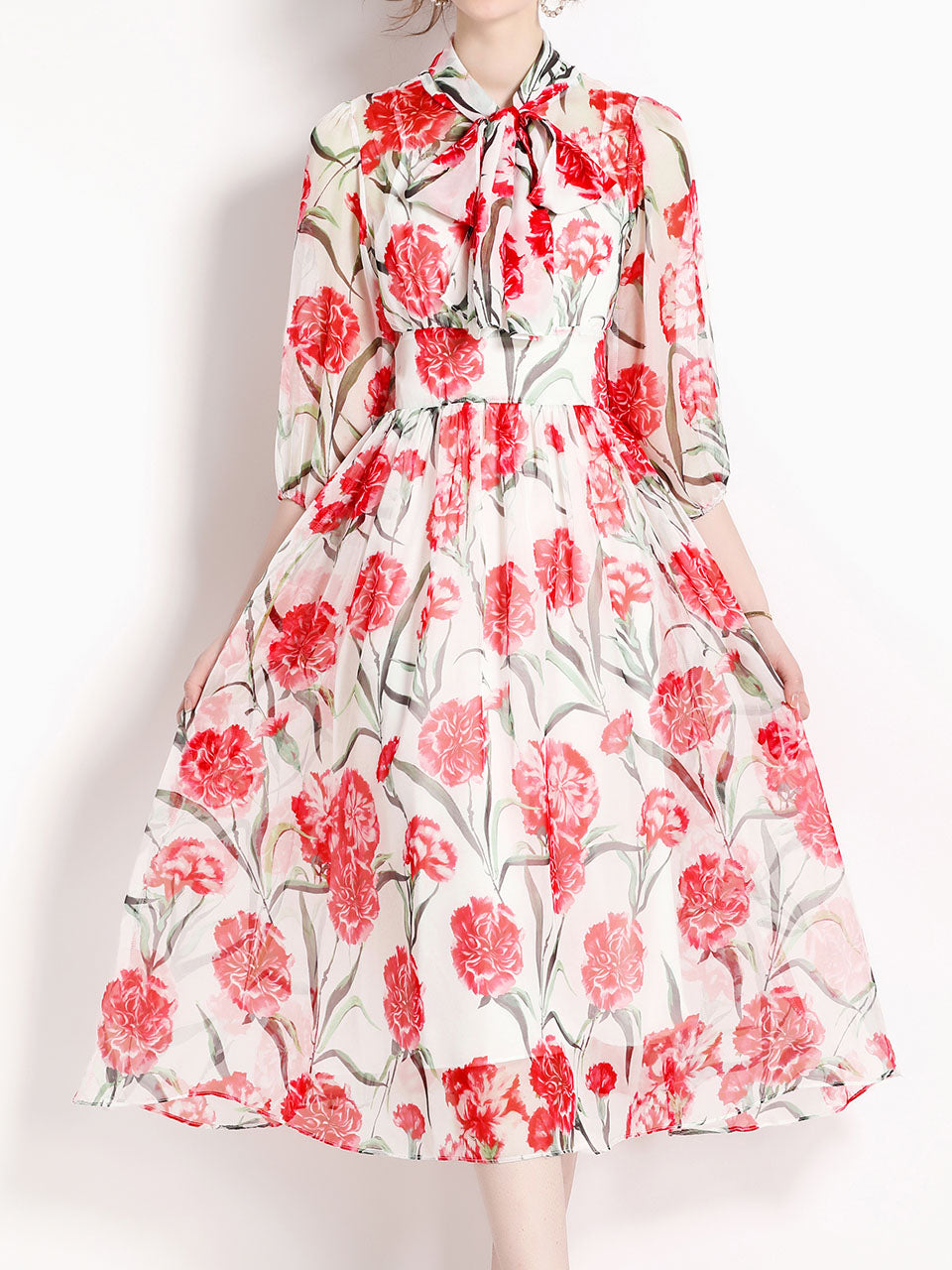 White Flower Print Long Sleeve High Waist Swing Vintage Dress