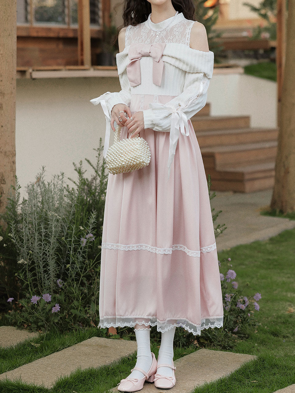 Sweetheart Pink Cold Shoulder Lace Long Sleeve Vintage Dress