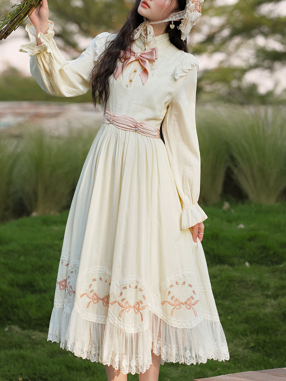 White Edwardian High Neck Lace Embroidered Vintage Dress