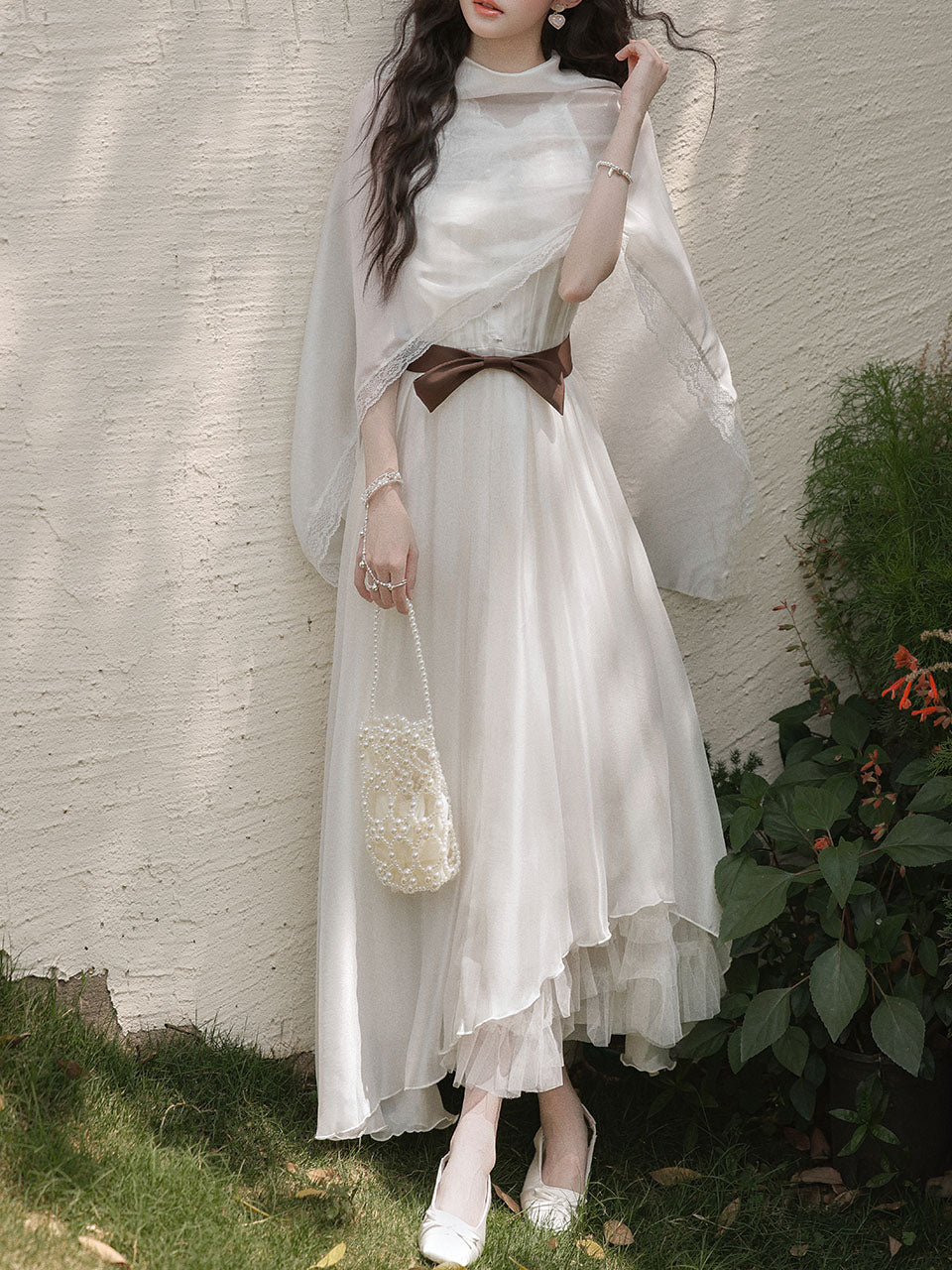 2PS White Lace Chiffon Cape Vintage Dress Set
