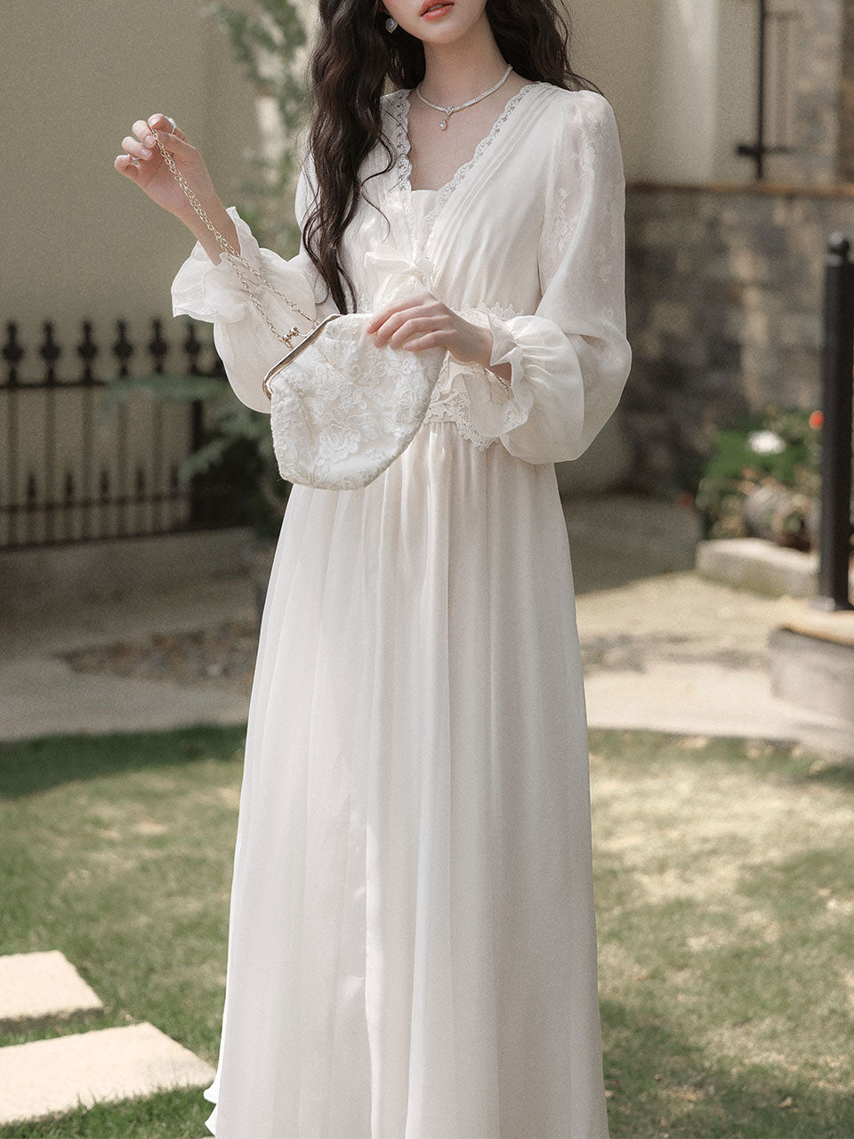 White Lace V-Neck Hooded Boho Bridal Gown Wedding Vintage Dress