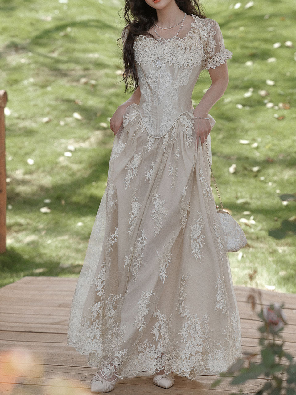 Ivory Victorian Style Lace Corset Wedding Gown Wedding Maxi Dress
