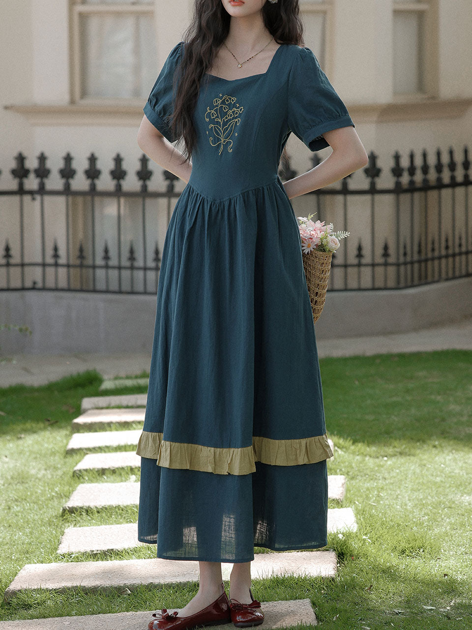 Peacock Blue Bluebell Embroidered Vintage Dress