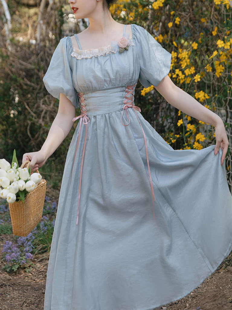 Baby Blue Square Collar Flower Princess Vintage Dress