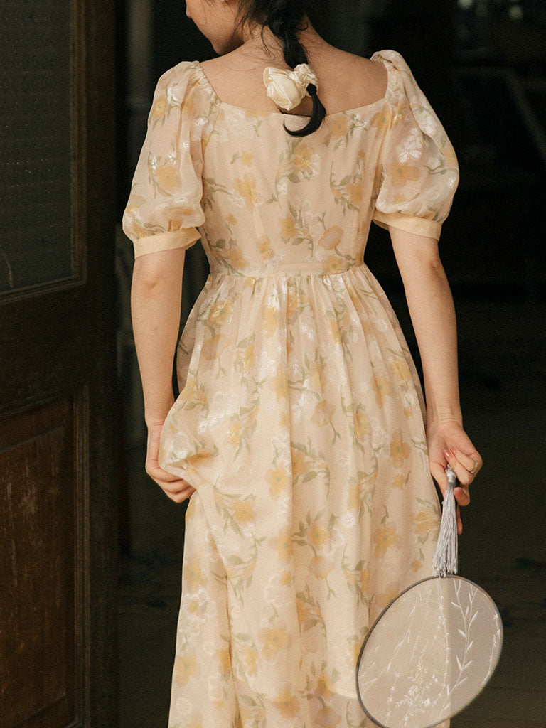 Yellow Floral Print Vintage Dream 1950S Graden Dress