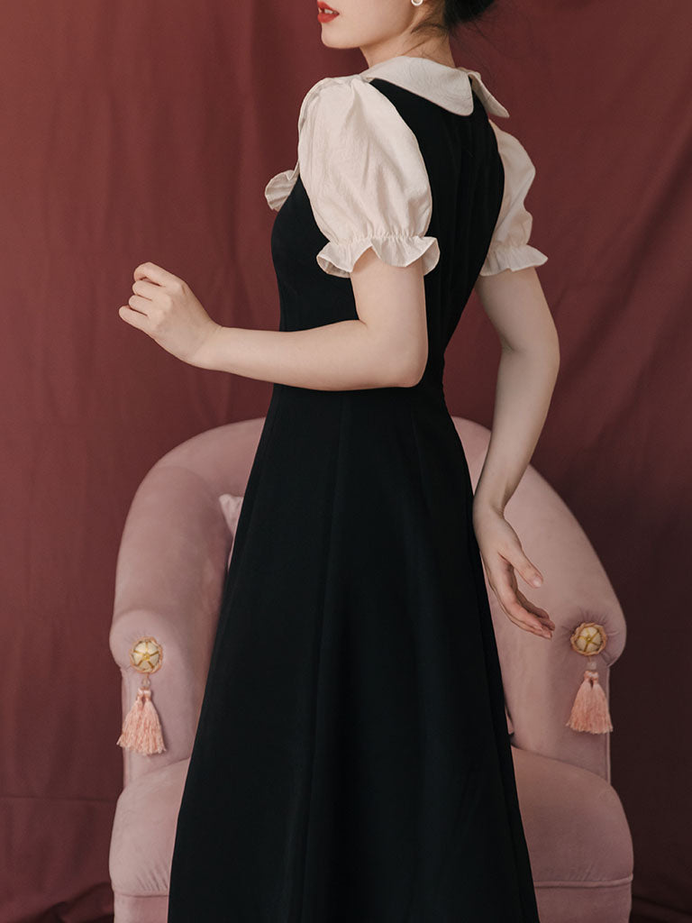 Black Peter Pan Ruffles Puff Sleeve Audrey Hepburn 1950S Dress