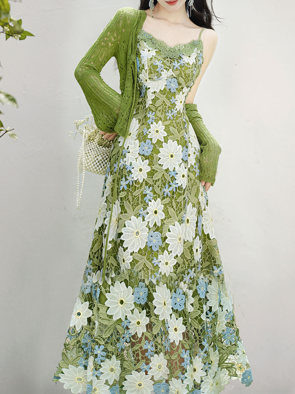 Green Floral Embroidered Lace Maxi Dress Prom Dress