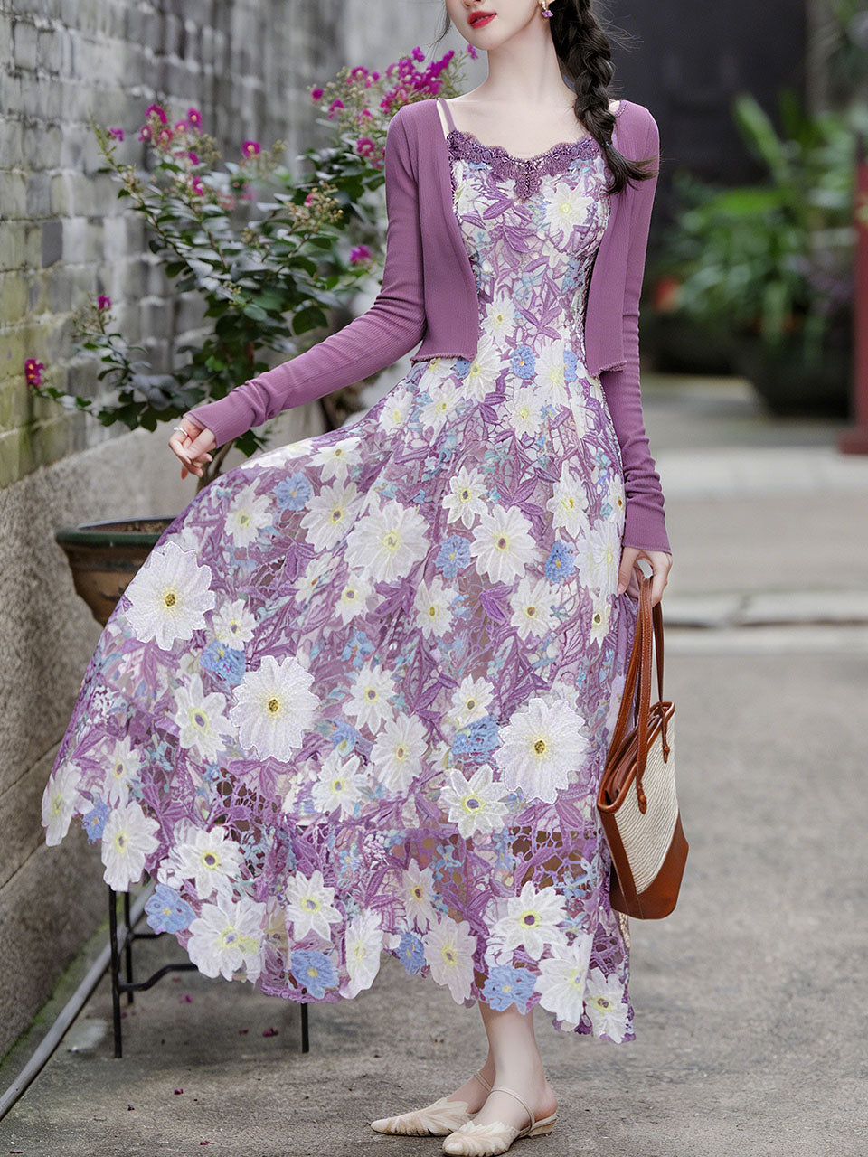 Purple Floral Embroidered Lace Maxi Dress Prom Dress