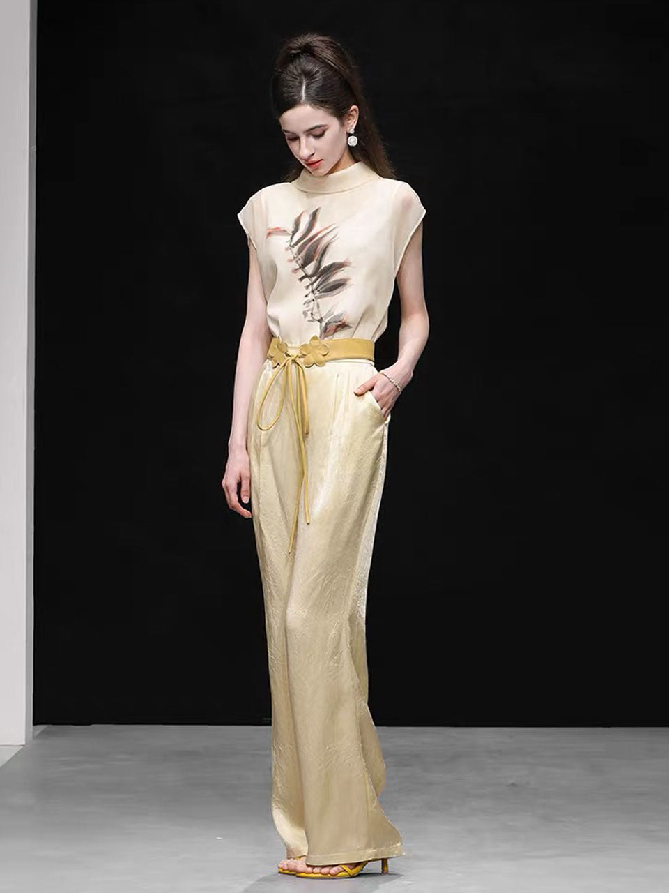 2PS Silk Printed Sleeveless Top and Gold Metallic Pant Set