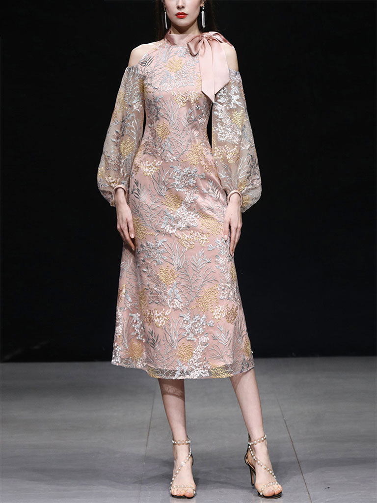 Pink Bowknot Cold Shoulder Lace Vintage Dress