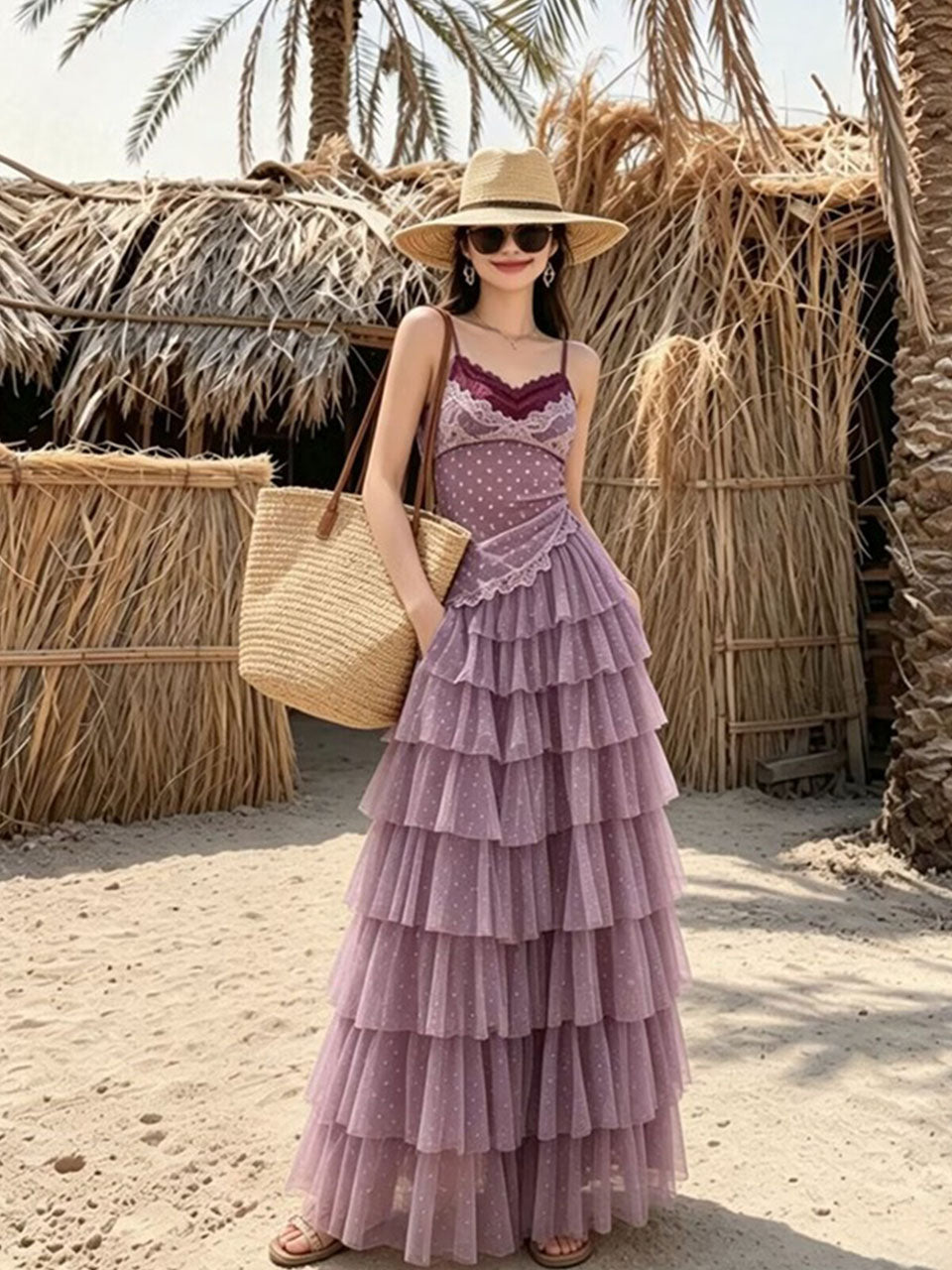 Purple Bohemian Polka Dots Camisole Top and Maxi Skirt Set