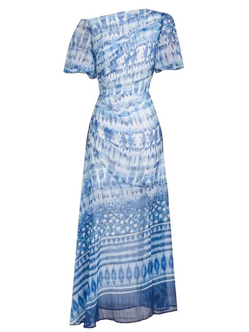 Blue One Shoulder Lantern Sleeve Printed Fishtail Vintage Dress