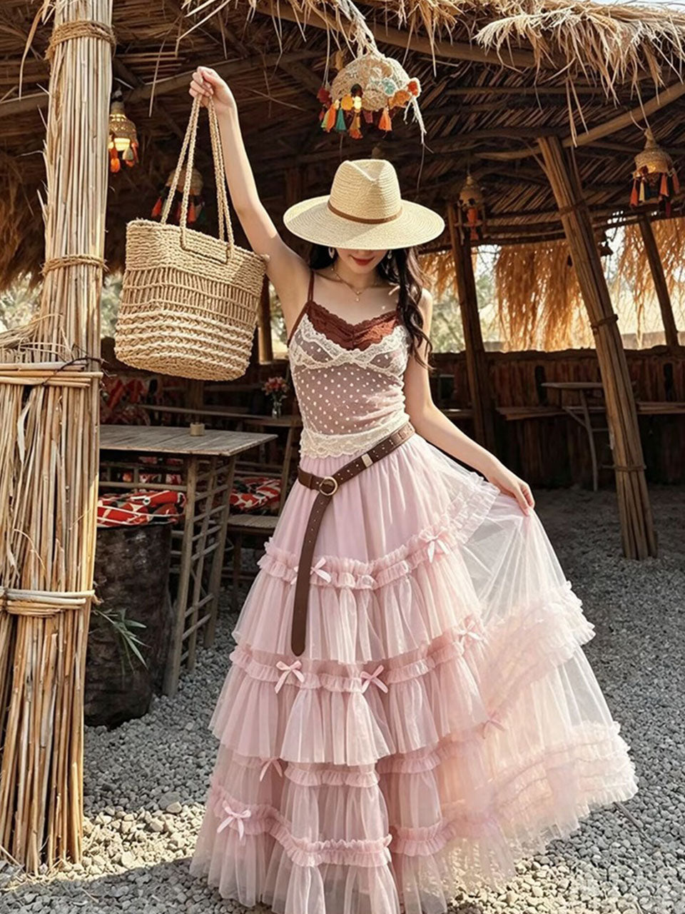 Pink Bohemian Polka Dots Camisole Top and Maxi Skirt Set