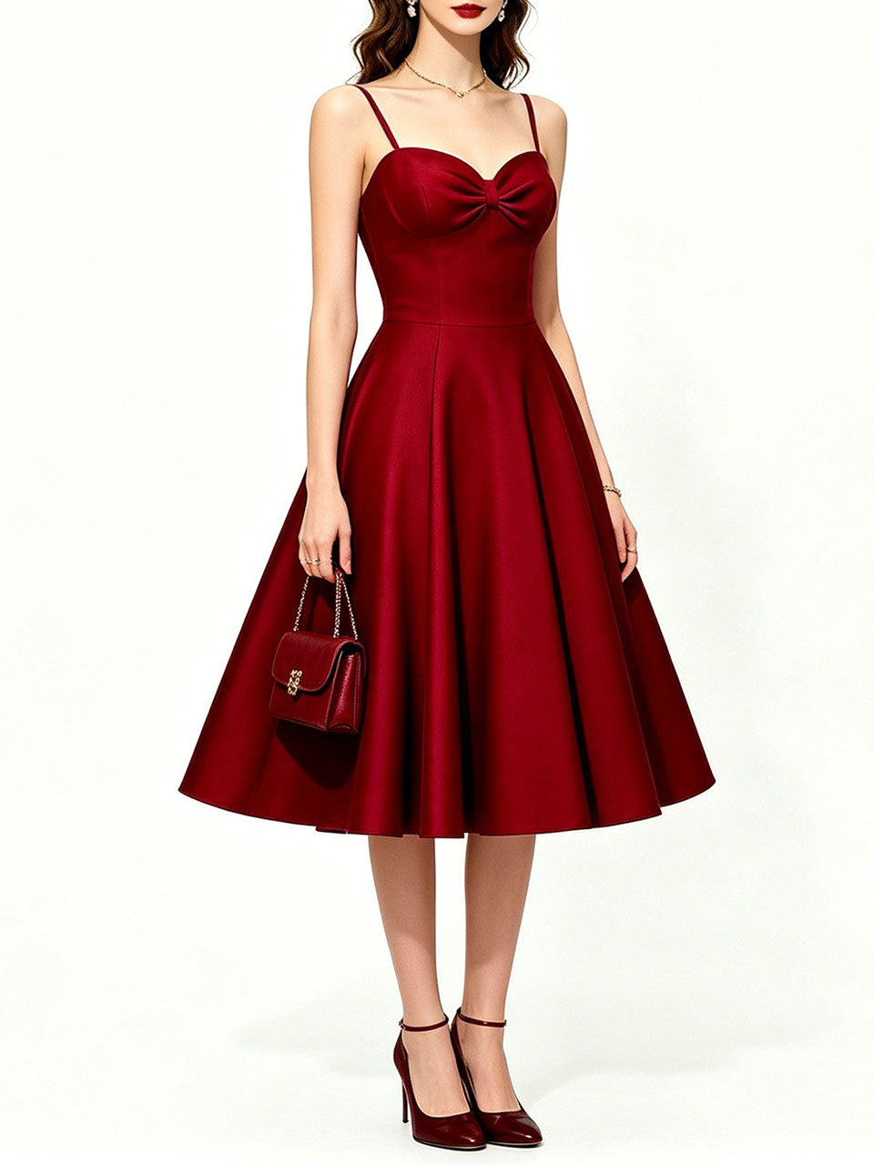 Red Satin A-Line Sweetheart Neckline Spaghetti Strap Prom & Cocktail Party Dress
