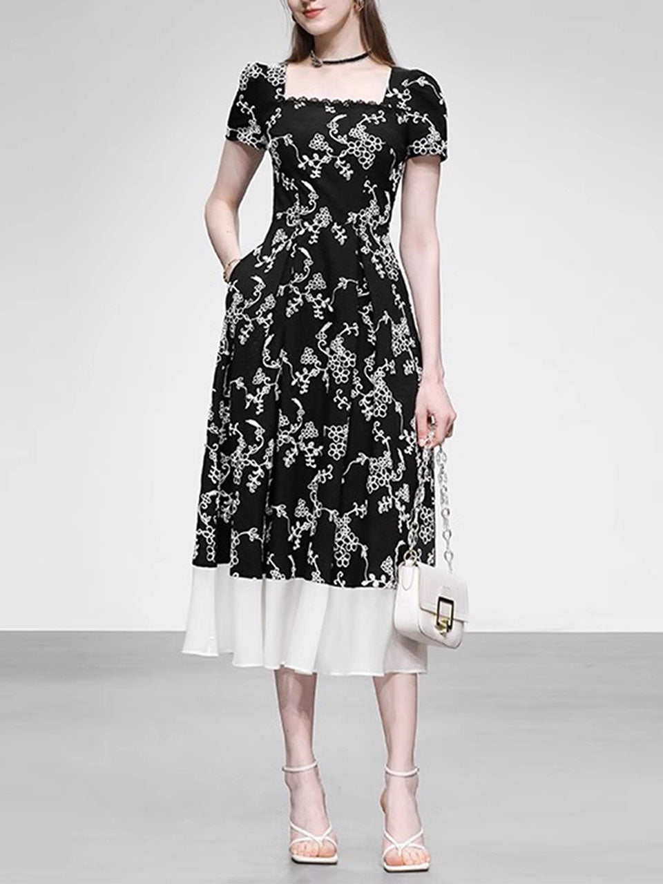 Black Square Collar Embroidered Flower 1950S Vintage Dress