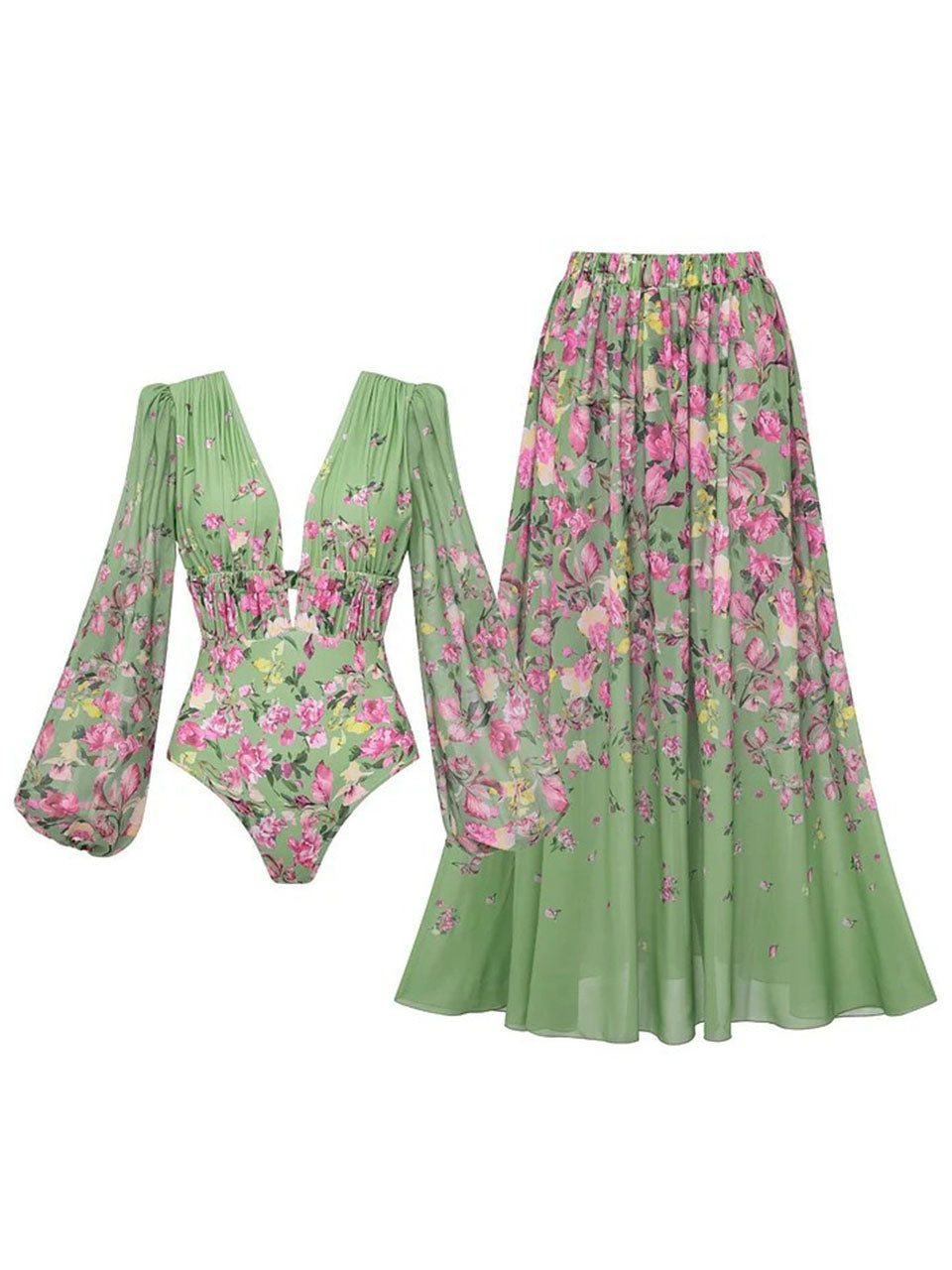 2PS Sage Green Vintage Lantern Sleeve Flower Print Monokini and Flowy Beach Long Skirt Swimsuit Set