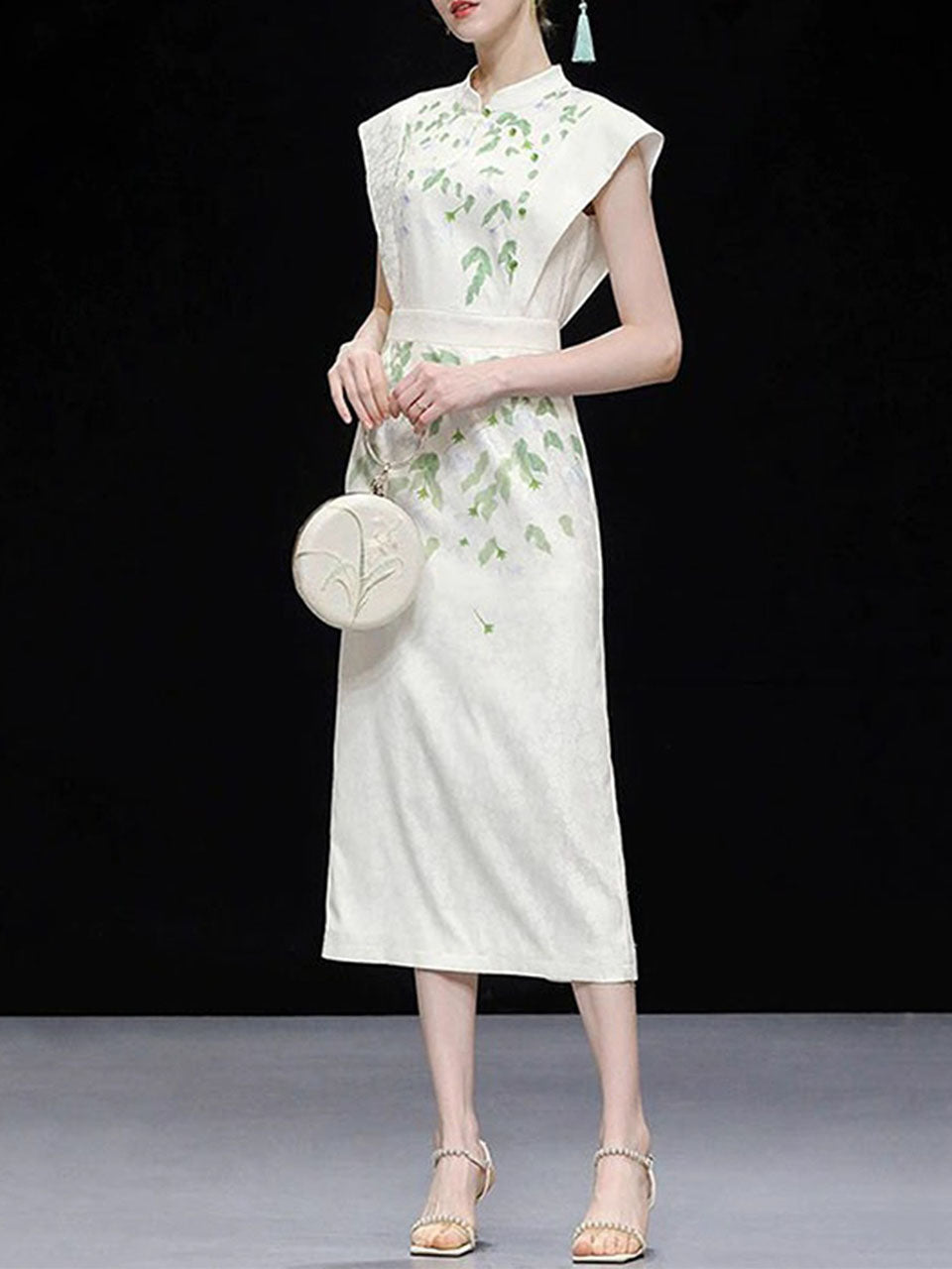 White Satin Green Leaves Flying Sleeves Print Vintage Dress