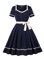 1950S Navy Short Sleeve Vintage Swing Dress