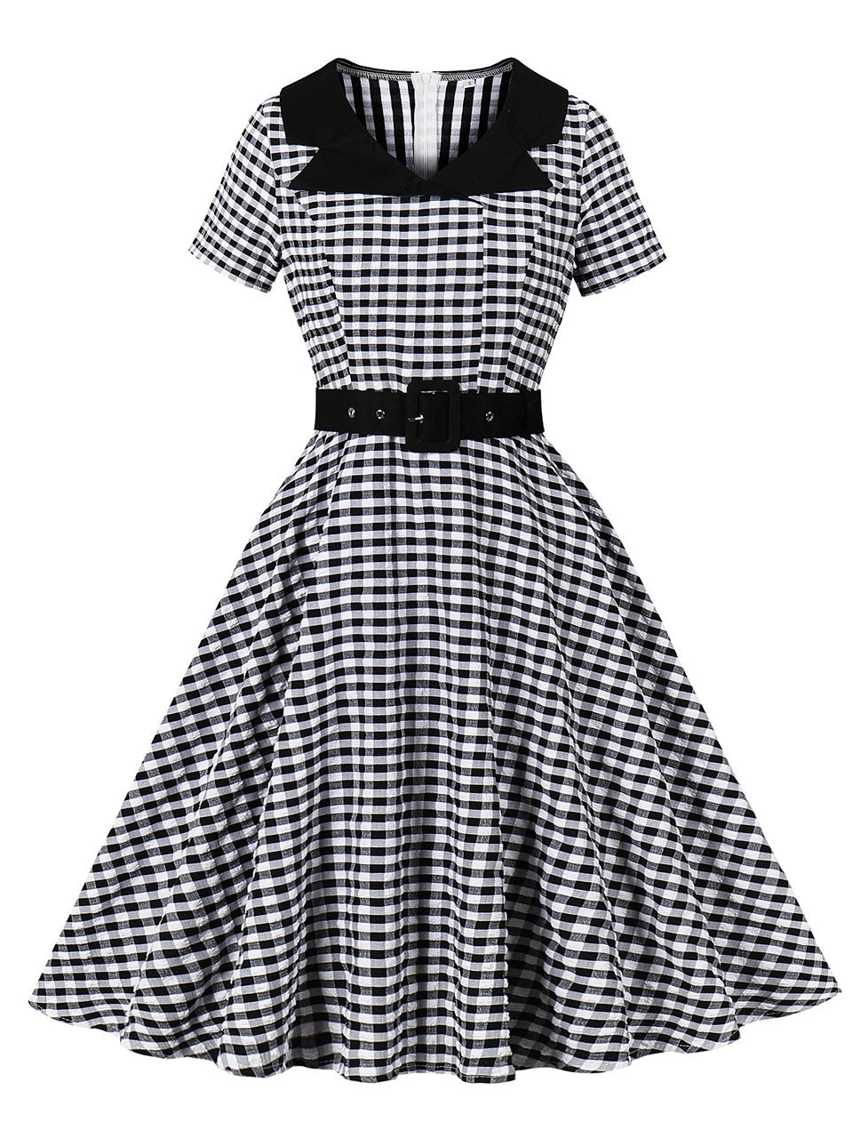 Black White Plaid 1950s Short Sleeve Swing Dress