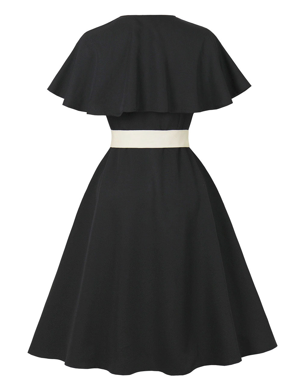 Audrey Hepburn Inspired Black Vintage Dress Elegant V-Neck Flounced Cape Cocktail Gown