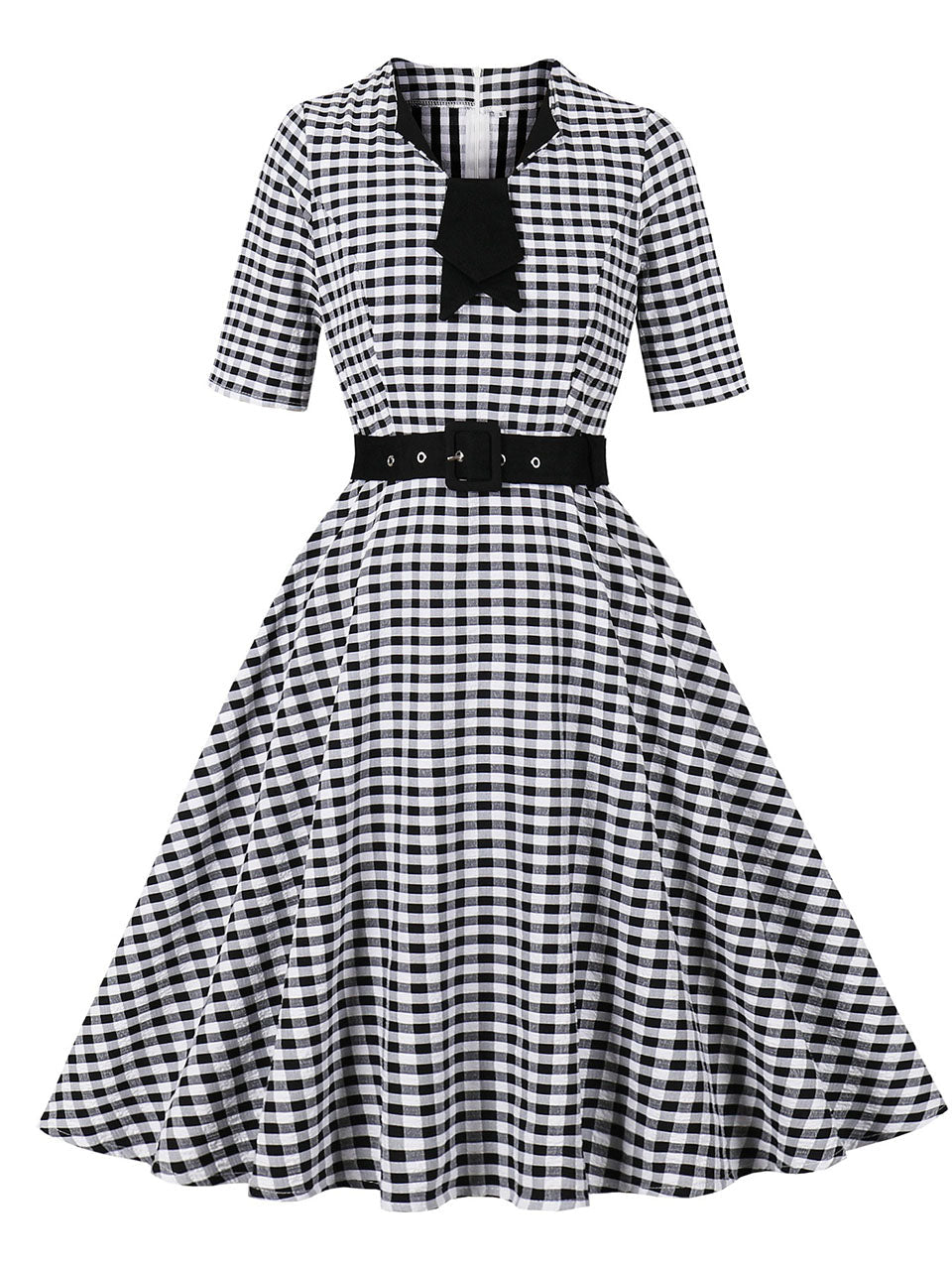 Black White Plaid Bow Neck 1950s Three-Quarter Sleeves Swing Dress