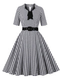 Black White Plaid Bow Neck 1950s Three-Quarter Sleeves Swing Dress