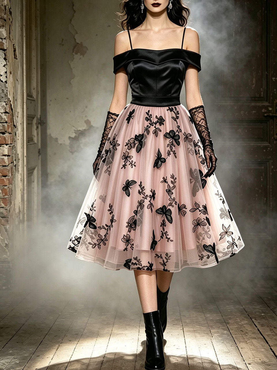 1950s Off-The-Shoulder Satin & Pink Butterfly Mesh Swing Dress