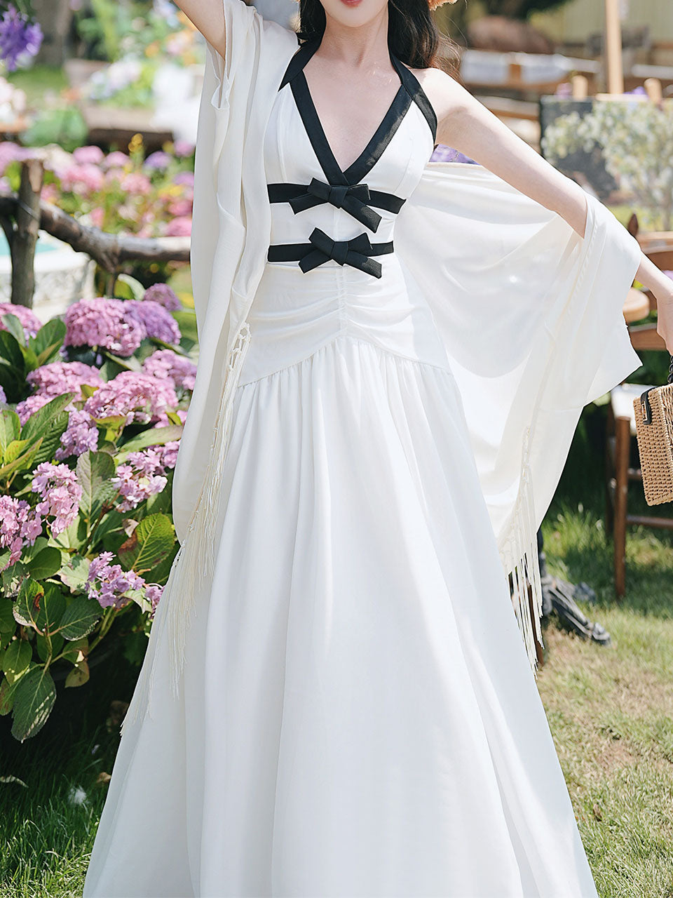 White Halter Neck Backless Vintage Dress