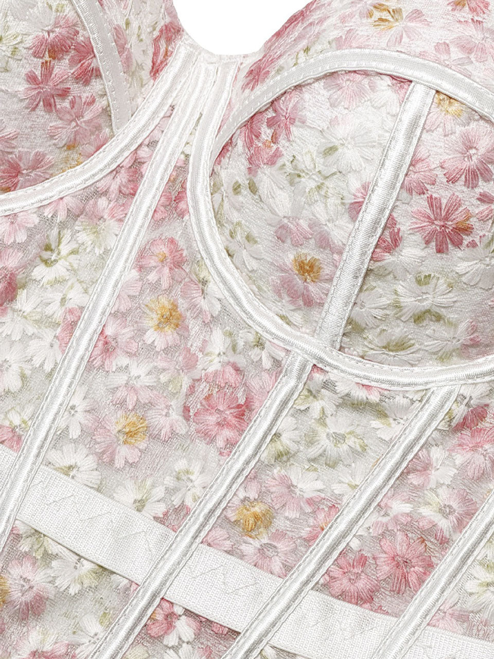 Pink Floral Embroidered Corset Top - Sheer Boned Spaghetti Strap Bustier