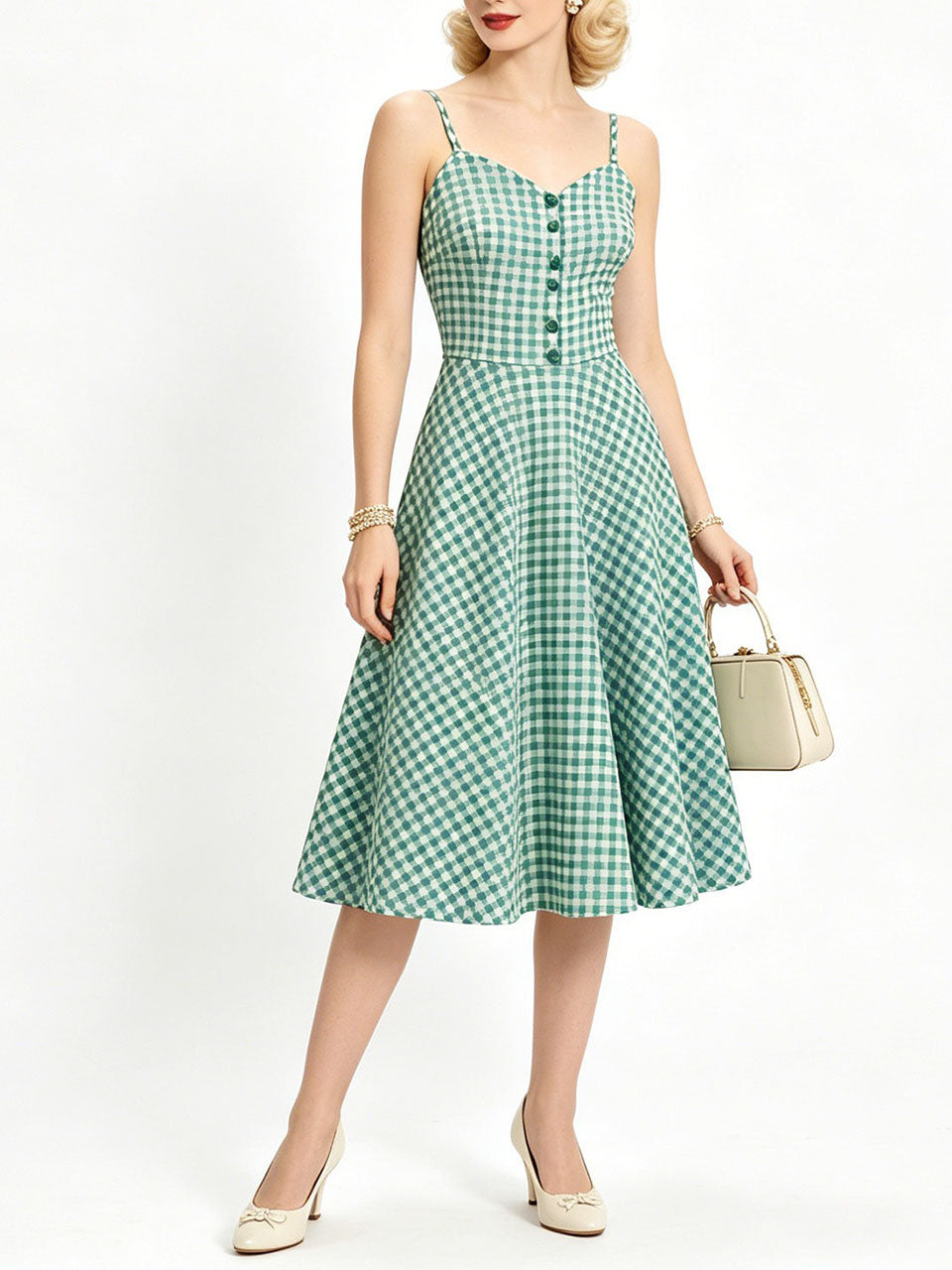 1950s Green Gingham Button Front Spaghetti Strap Swing Summer Picnic Dress