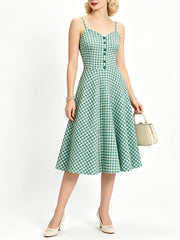1950s Green Gingham Button Front Spaghetti Strap Swing Summer Picnic Dress