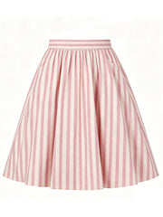 1950S Pink Vertical Stripe  High Waist Pleated Swing Vintage Skirt