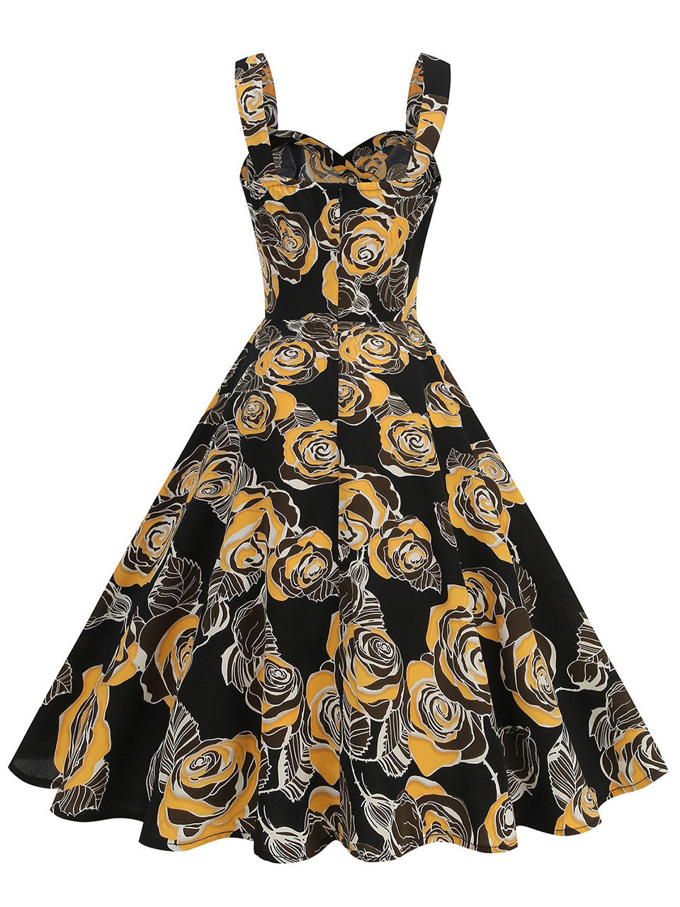 Orange 1950S Halloween Rose Printed V Neck Vintage Dress