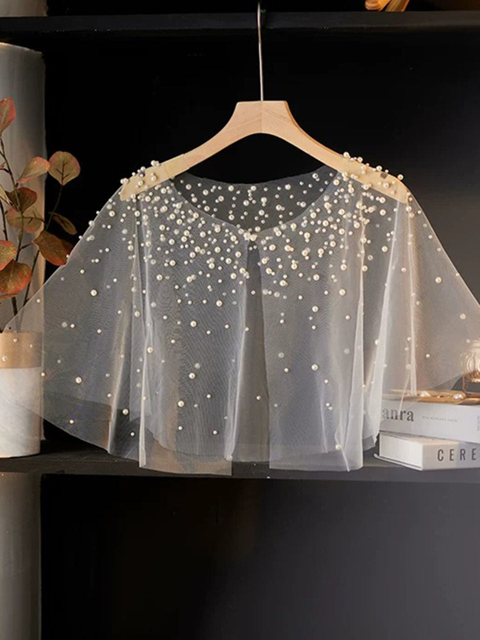Elegant Pearl Bridal Capelet Sheer Tulle Wedding Shawl