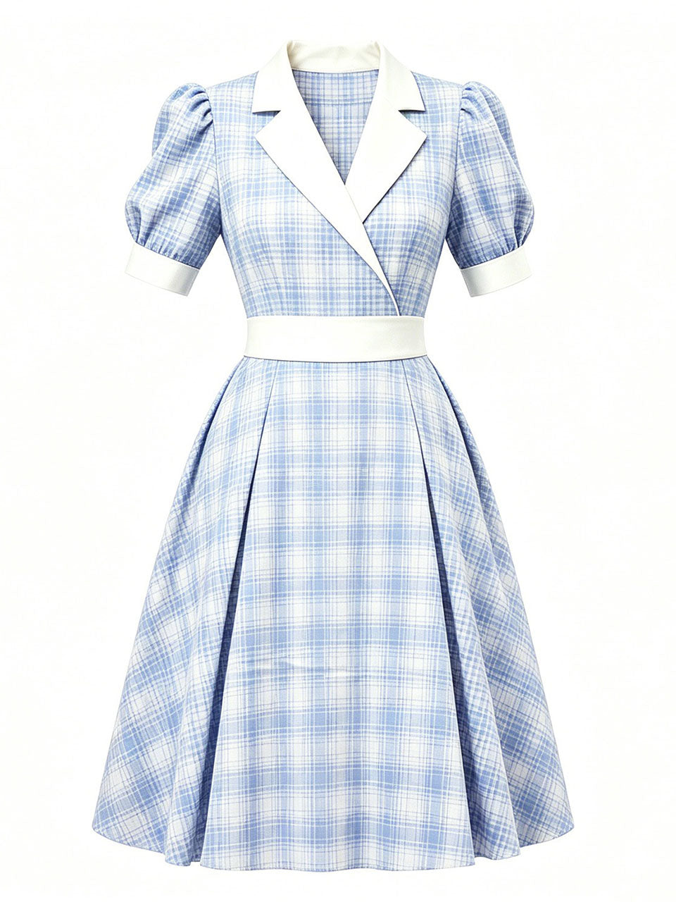 1950s Baby Blue Plaid Notch Lapel Collar Vintage Puff Sleeve Retro Swing Dress