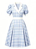 1950s Baby Blue Plaid Notch Lapel Collar Vintage Puff Sleeve Retro Swing Dress