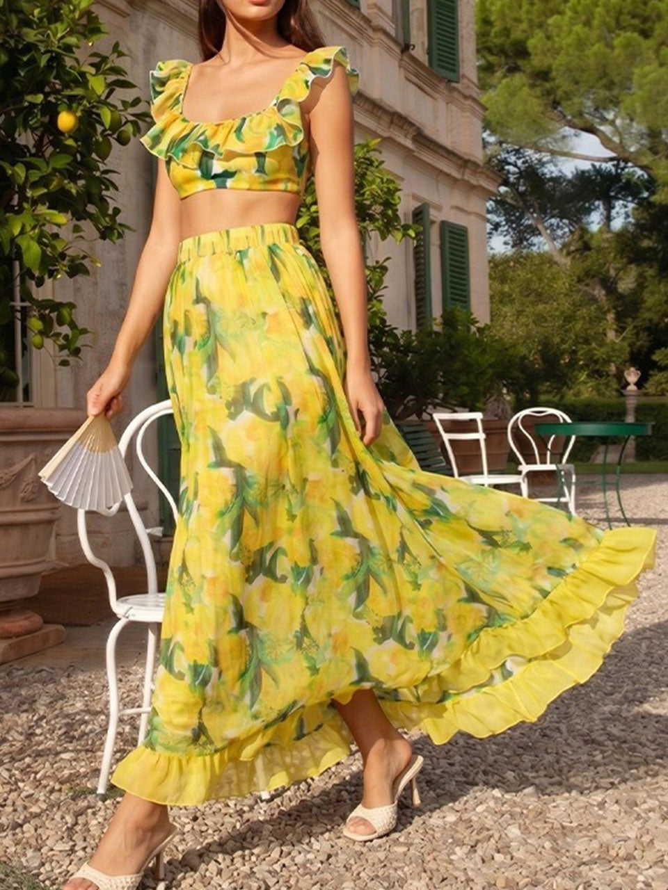 Yellow Lemon Floral Print 3 Piece Bikini Set