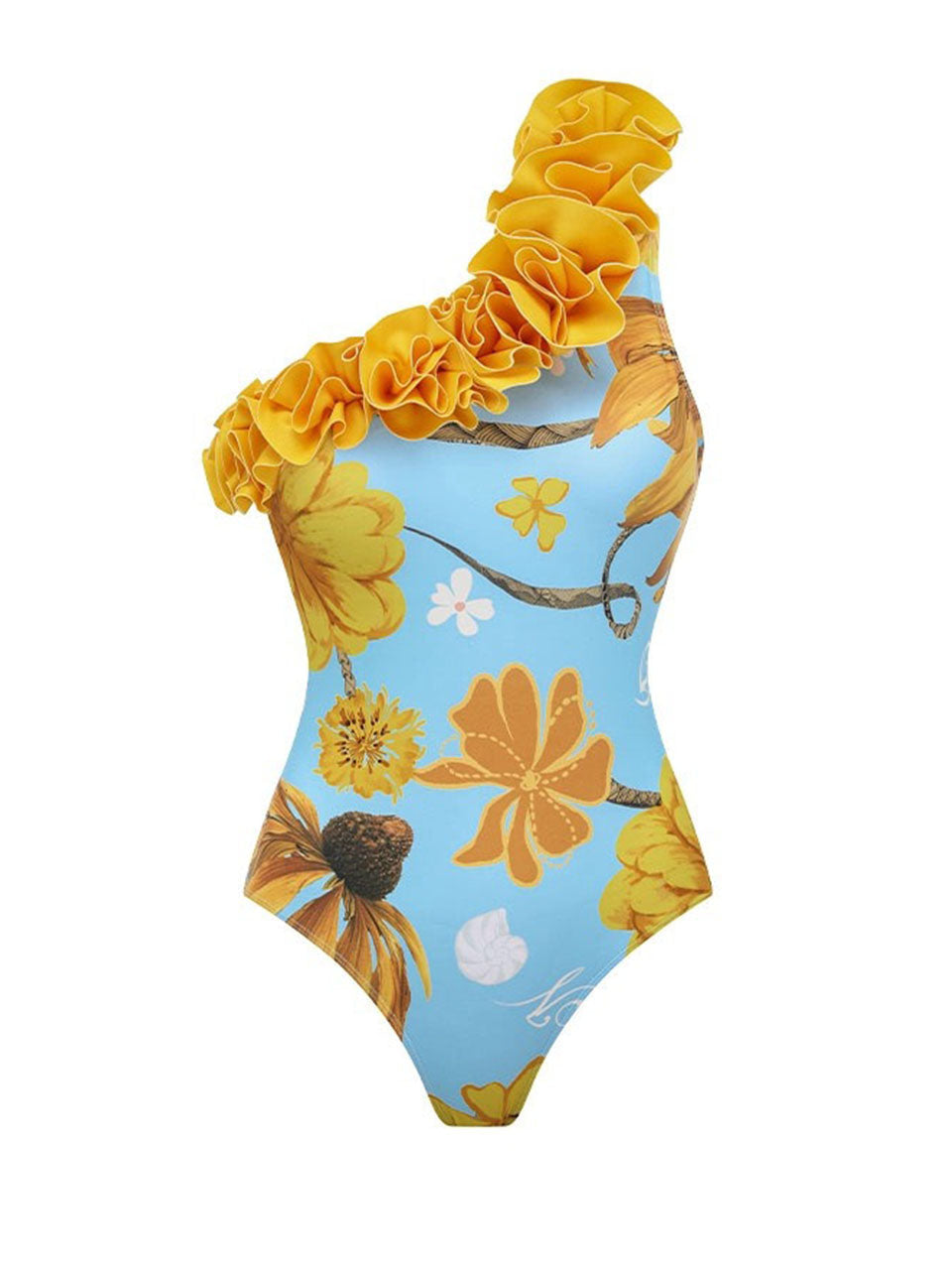 Light Blue Floral Print One-Shoulder One Piece