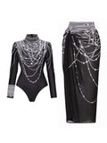 Black Beaded Chain Print Long Sleeve Bodysuit