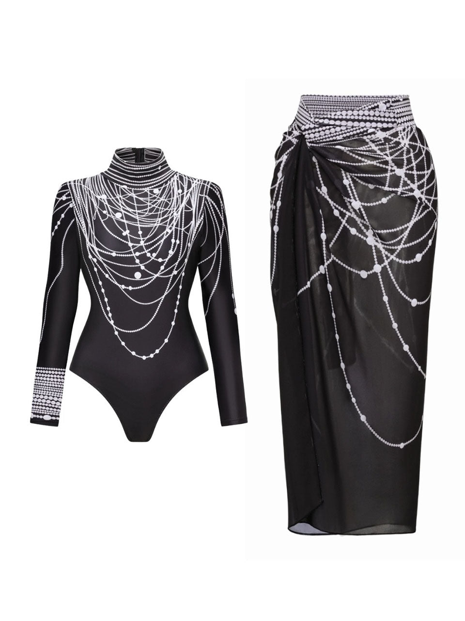 Black Beaded Chain Print Long Sleeve Bodysuit