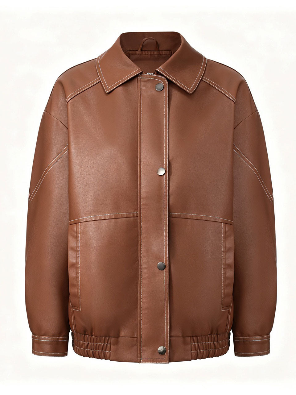 Dark Brown Contrast Stitch Faux Leather Bomber Jacket