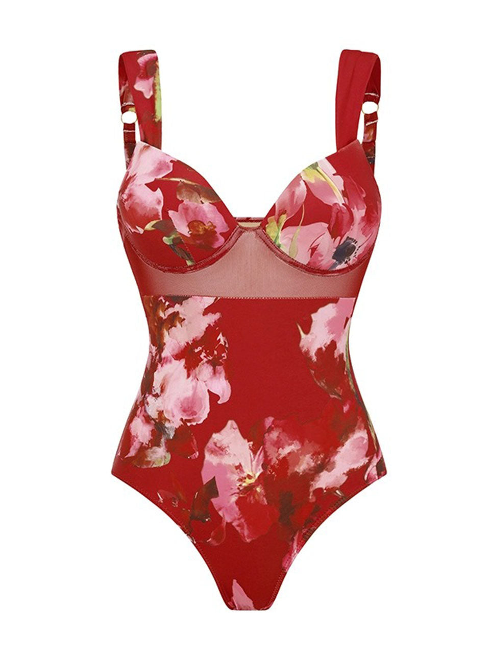 2PS Red Floral One-Piece Swimsuit and Sheer Maxi Cover-Up Skirt Set