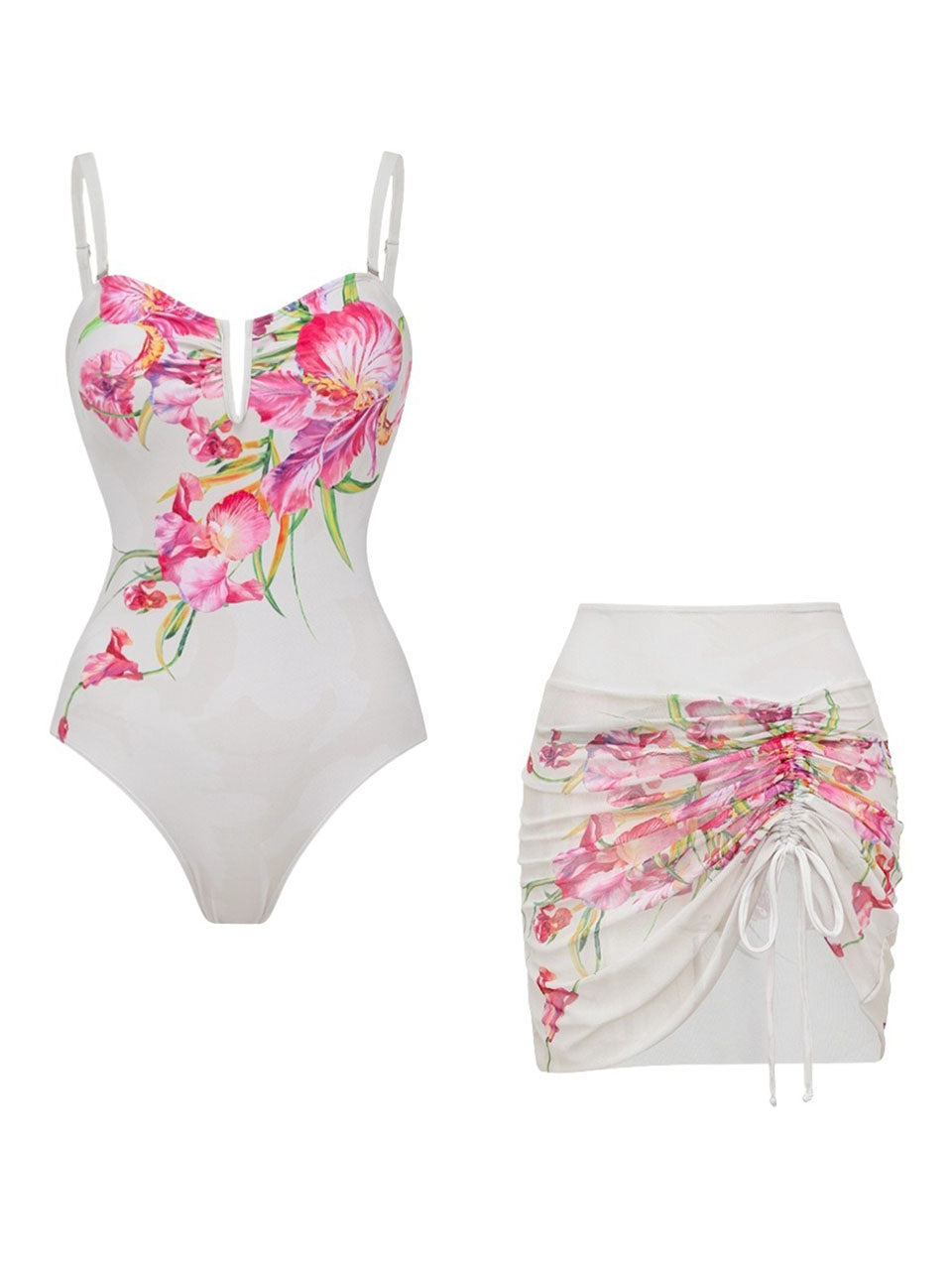 2PS Pink Floral One-Piece Swimsuit Mesh Cover-Up Skirt Set