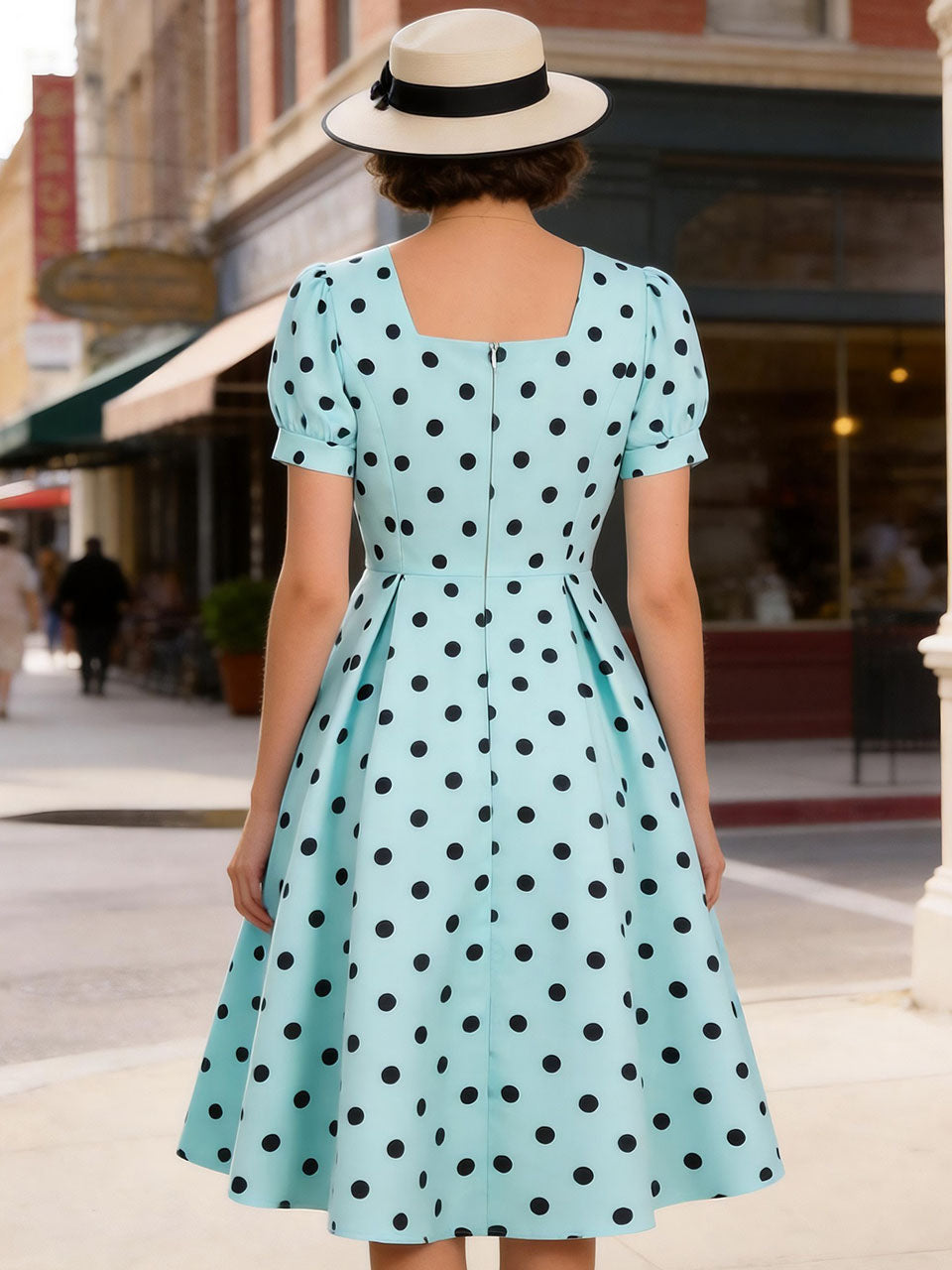 1950s Mint Blue Polka Dot Puff Sleeve Vintage Swing Dress
