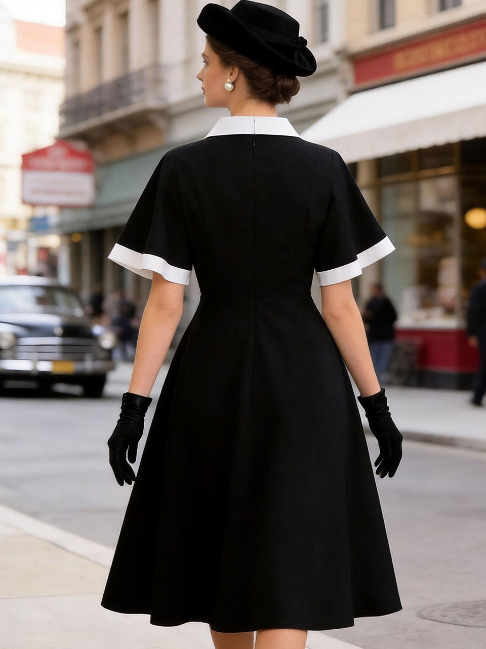 1950s Vintage Black & White Lapel Short Sleeve Swing Dress