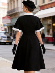 1950s Vintage Black & White Lapel Short Sleeve Swing Dress