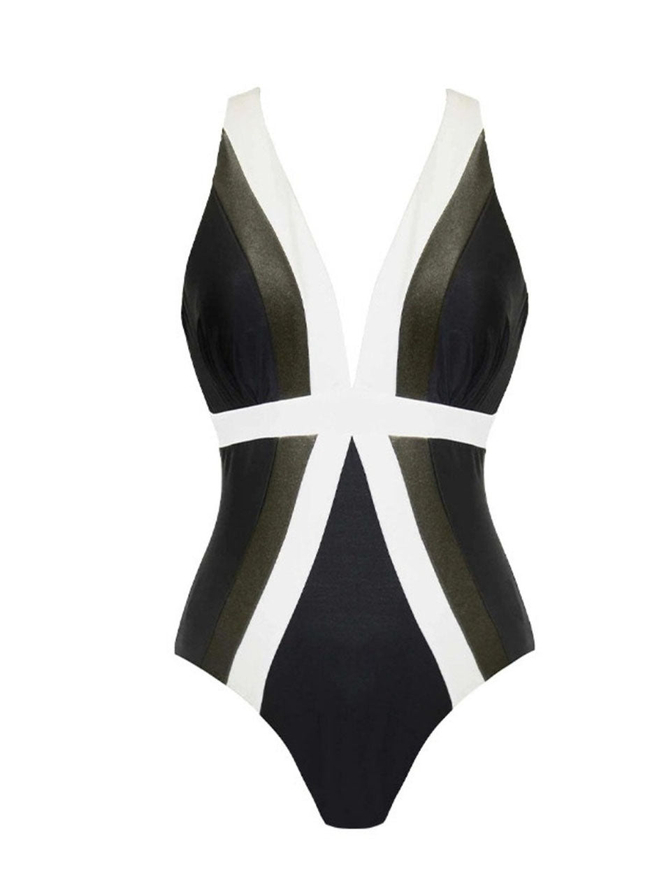 Black and White Colorblock V-Neck Swimsuit & Tie-Front Sarong Skirt Set