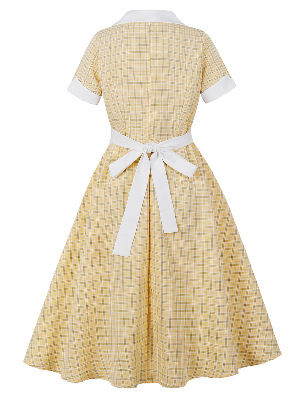 1950s Yellow Plaid Lapel Collar Short Sleeve Swing Dress