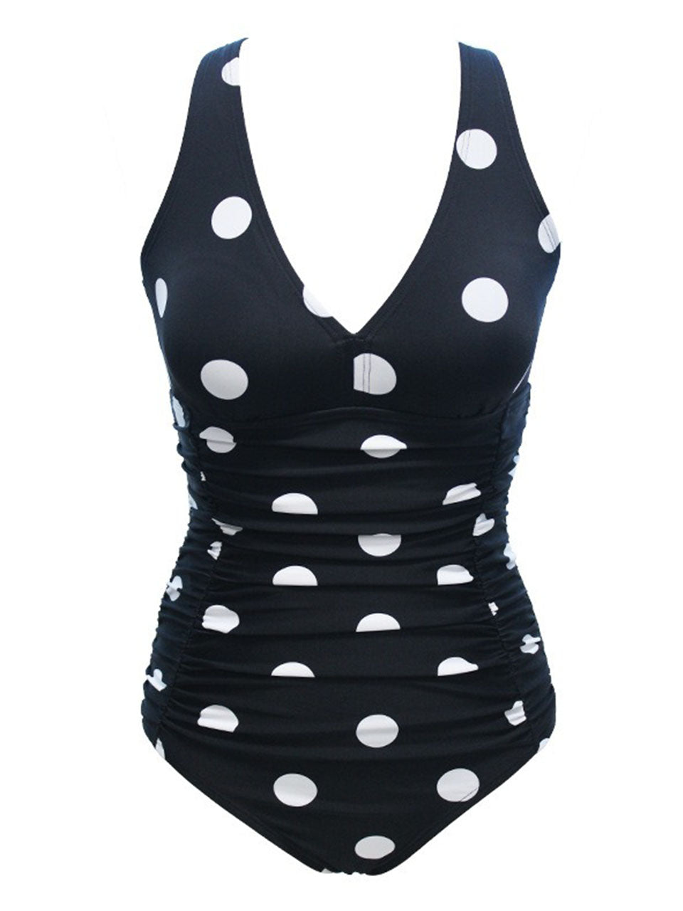 One Piece Swimsuit Retro Polka Dot Bathing Suit V Neck Ruched Tummy Control Monokini